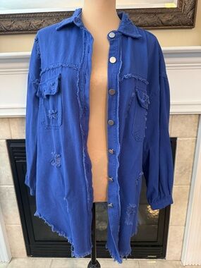 Blue Distressed Button-Front Women's Jean Shirt Jacket XL